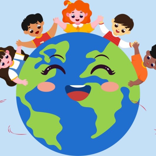 a pic of happy earth with children around it 