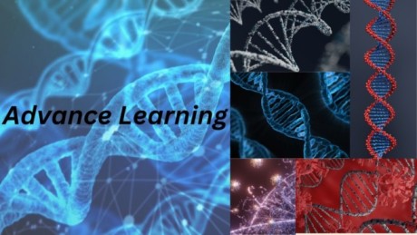 text of Advance Learning is written on left side with some colourful pictures of dna on right