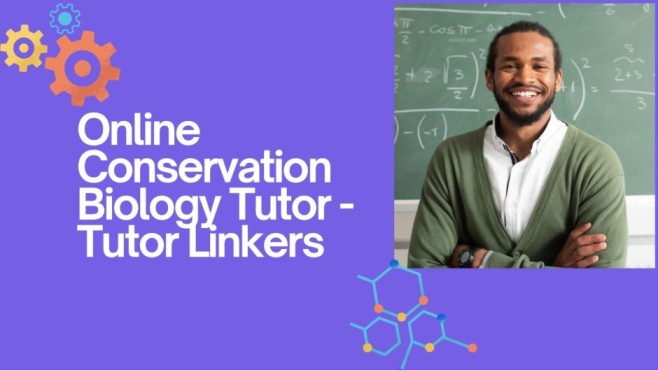 Online Conservation Biology Tutor - Tutor Linkers is written on left side under light purple background with an image of an instructor on right