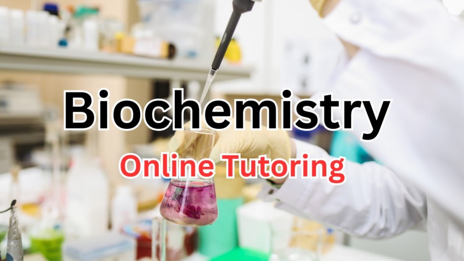 background pic of Scientist in Laboratory with bold text of biochemistry online tutoring is written in center